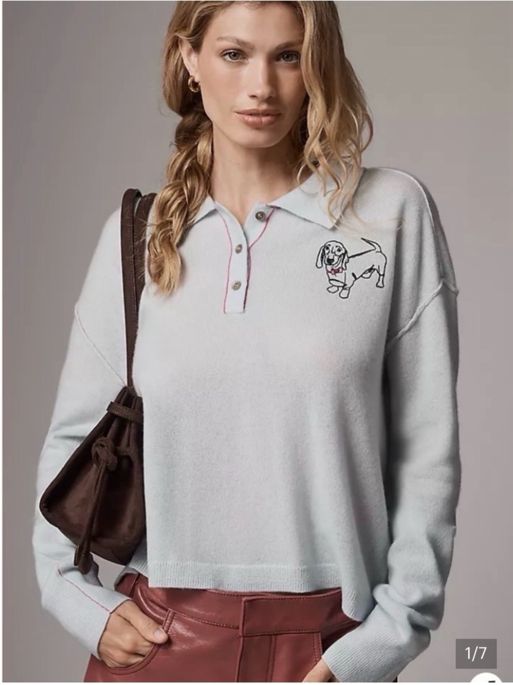 Pilcro Pale Blue Polo-Neck cashmere  Sweater with Dog Motif